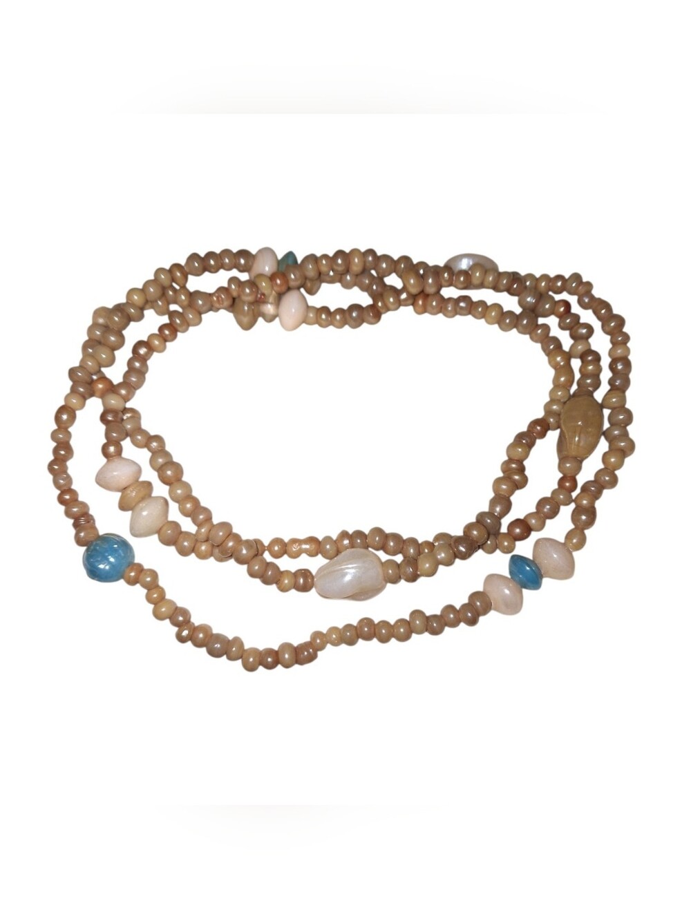 Beaded Artsy Glass Tan and Blue Glazed Varied Shape Necklace No Clasp